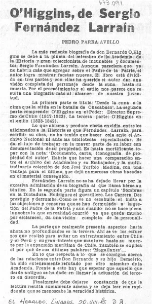 O'Higgins, de Sergio Fenández Larraín  [artículo] Pedro Parra Avello.