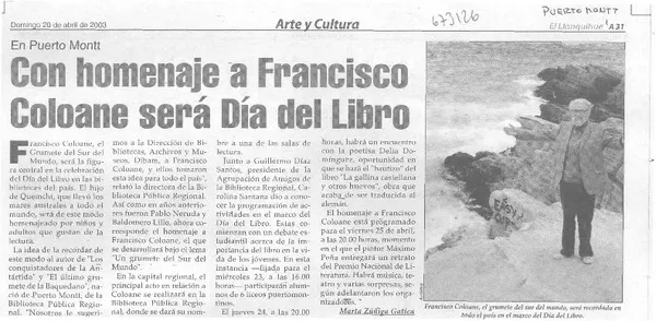 Con homenaje a Francisco Coloane será día del libro  [artículo] Marta Zúñiga Gatica.