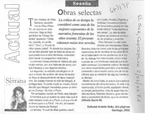 Obras selectas  [artículo] Alfredo Barría M.