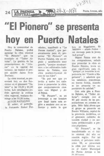 El pionero" se presenta hoy en Puerto Natales.  [artículo]