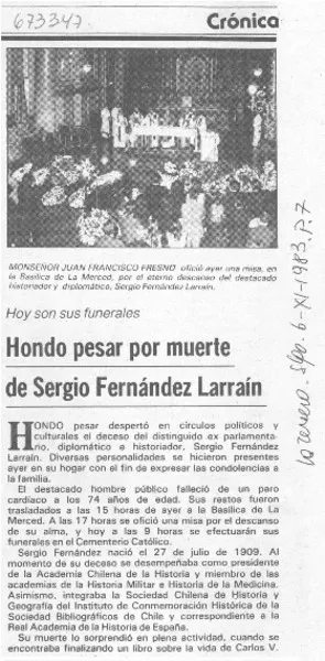 Hondo pesar por muerte de Sergio Fernández Larraín.  [artículo]