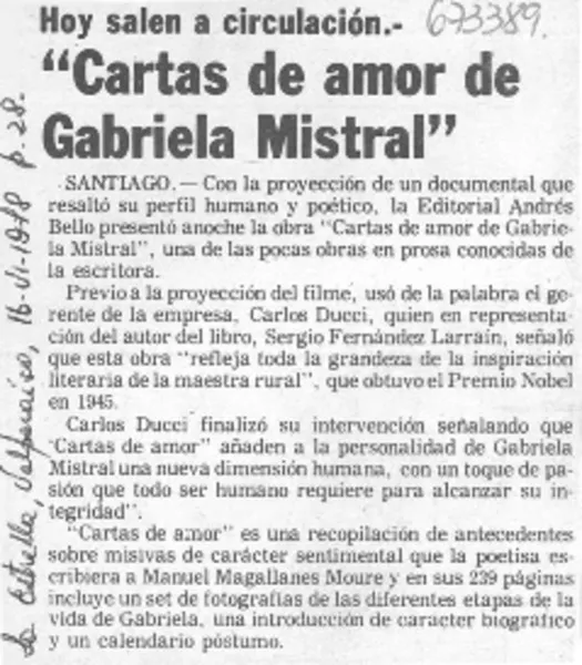 "Cartas de amor de Gabriela Mistral".  [artículo]