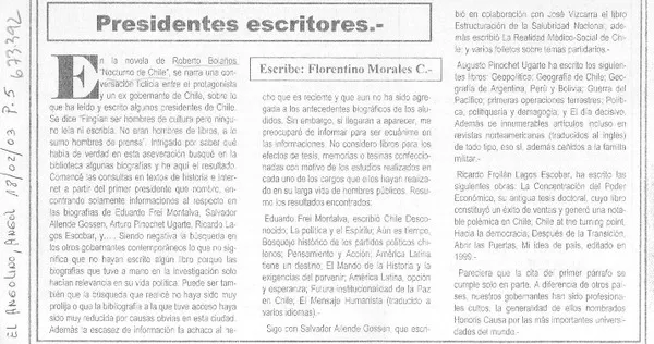 Presidentes escritores  [artículo] Florentino Morales C.