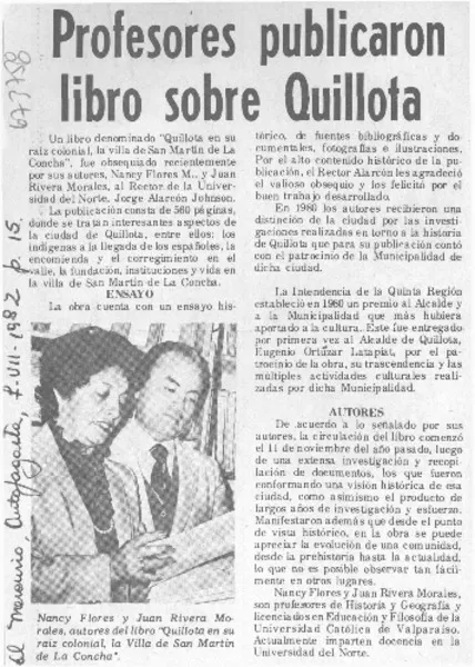 Profesores publicaron libro sobre Quillota.  [artículo]