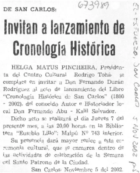 Invitan al lanzamiento de cronología histórica .  [artículo]