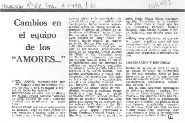 Cambios en el equipo de los "Amores...".  [artículo]