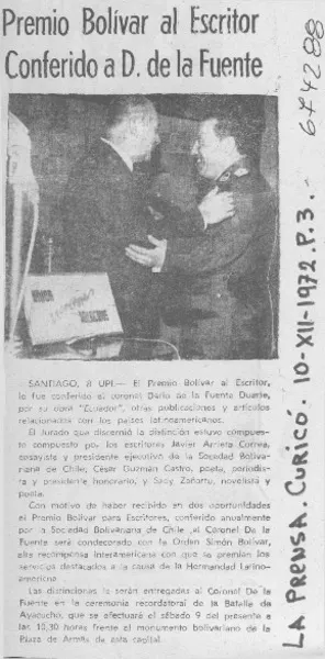 Premio Bolívar al escritor conferido a D. de la Fuente.  [artículo]