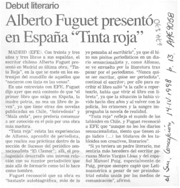 Alberto Fuguet presentó en España "Tinta Roja".  [artículo]