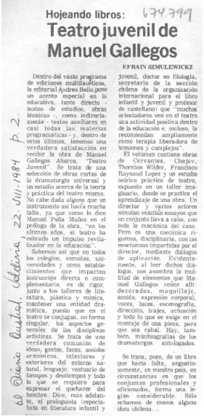 Teatro juvenil de Manuel Gallegos  [artículo] Efraín Szmulewicz.