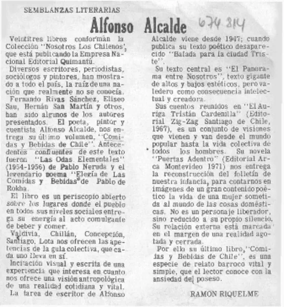 Alfonso Alcalde  [artículo] Ramón Riquelme.