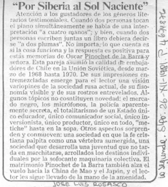 Por Siberia al sol naciente  [artículo] José Luis Rosasco.