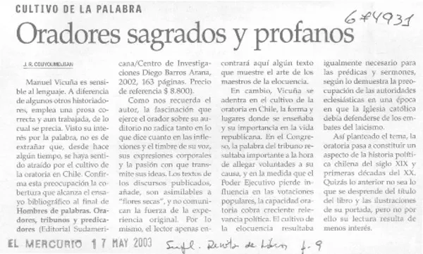 Oradores sagrados y profanos  [artículo] J. R. Couyoumdjian.