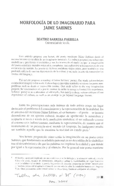 Morfología de lo imaginario para Jaime Sabines.  [artículo] Beatriz Barrera Parrilla.