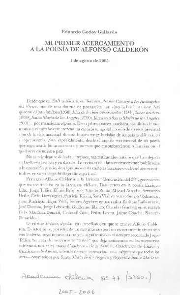 Mi primer acercamiento a la poesía de Alfonso Calderón  [artículo]Eduardo Godoy Gallardo.
