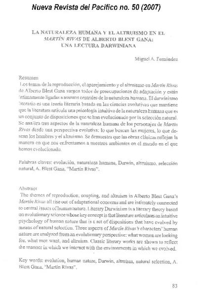 La naturaleza humana y el altruismo en el Martín Rivas de Alberto Blest Gana  [artículo] Miguel A. Fernández.