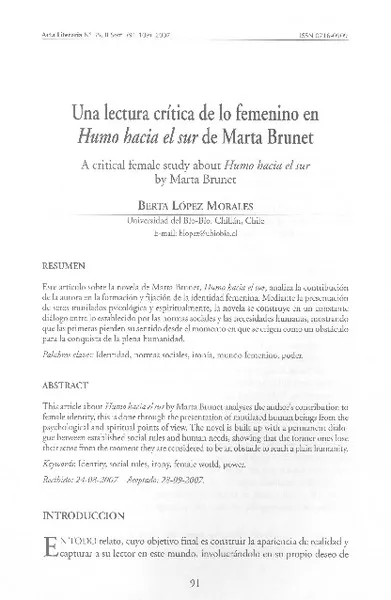 Una lectura crítica de lo femenino en Humo hacia el Sur de Marta Brunet  [artículo]Berta López Morales.