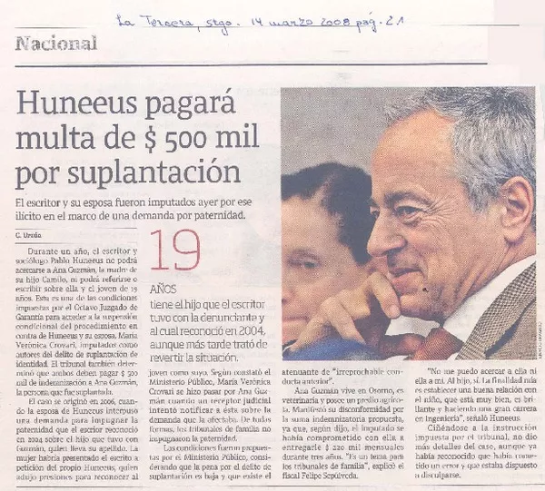 Huneeus pagará multa de $500 mil por suplantación  [artículo]C. Urzúa.