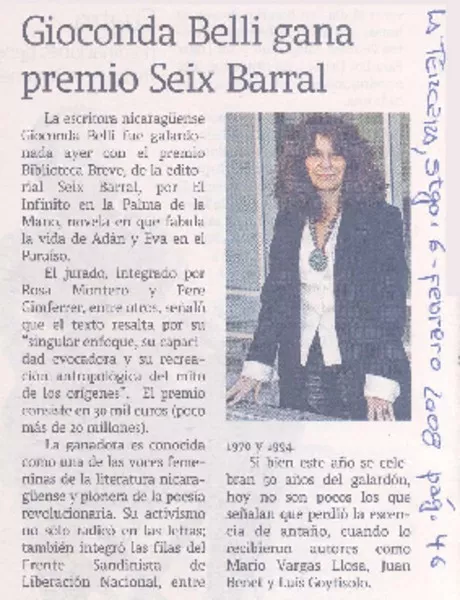 Gioconda Belli gana premio Seix Barral  [artículo].