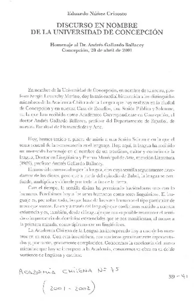 Discurso en nombre de la Universidad de Concepción  [artículo] Eduardo Núñez Crisosto.