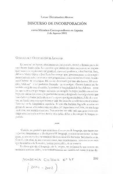Discurso de incorporación  [artículo] César Hernández Alonso.