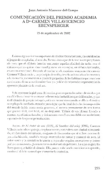Comunicación del Premio Academia a Da. Carmen Villavicencio Ebensperger  [artículo] Juan Antonio Massone del Campo.