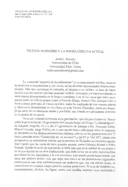 Vicente Huidobro y la poesía chilena actual  [artículo] Andrés Morales.