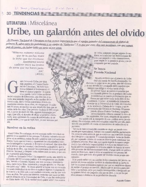 Uribe, un galardón antes del olvido  [artículo] Augusto Colarte.