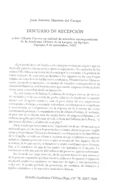 Discurso de recepción  [artículo] Juan Antonio Massone del Campo.