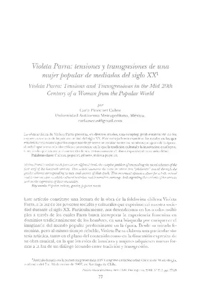 Violeta Parra: tensiones y transgresiones de una mujer popular de mediados del siglo XX  [artículo] Carla Pinochet Cobos.