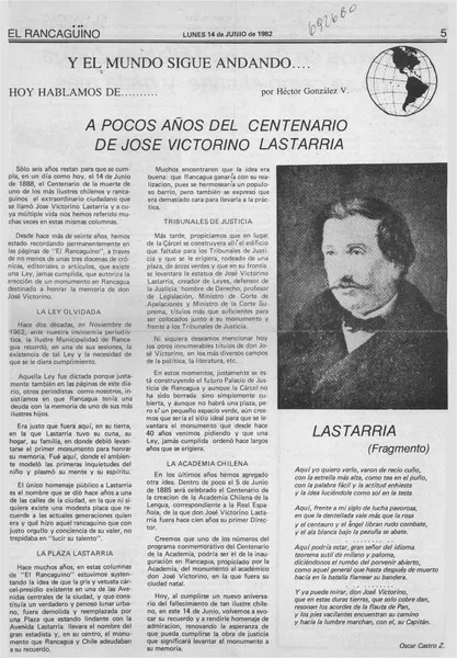 A pocos años del centenario de José Victorino Lastarria  [artículo] Héctor González V.