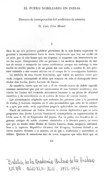 El fuero nobiliario en Indias  [artículo] Luis Lira Montt.