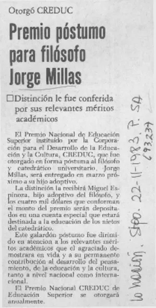 Premio póstumo para filósofo Jorge Millas.  [artículo]