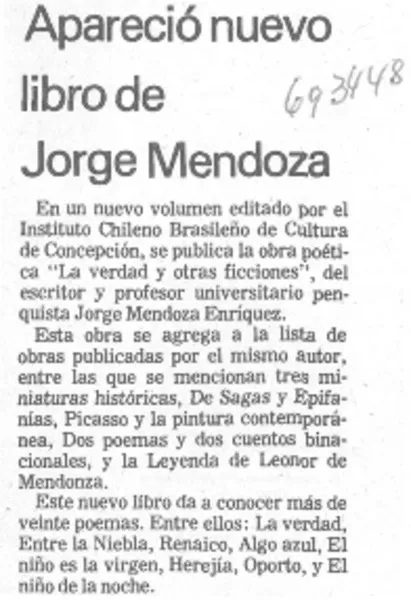 Apareció nuevo libro de Jorge Mendoza.  [artículo]