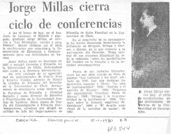 Jorge Millas cierra ciclo de conferencias.  [artículo]