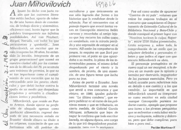 Juan Mihovilovich  [artículo] Pacián Martínez E.