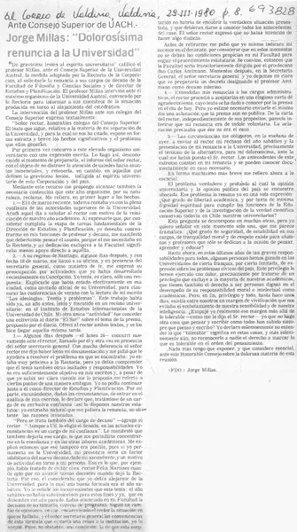 Jorge Millas, "dolorosísima renuncia a la Universidad"  [artículo]