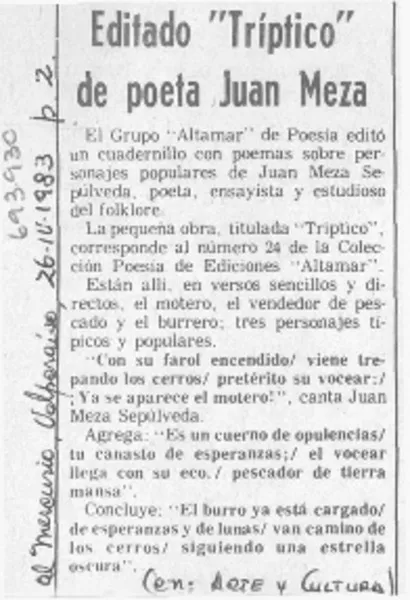 Editado "Tríptico" de poeta Juan Meza.  [artículo]