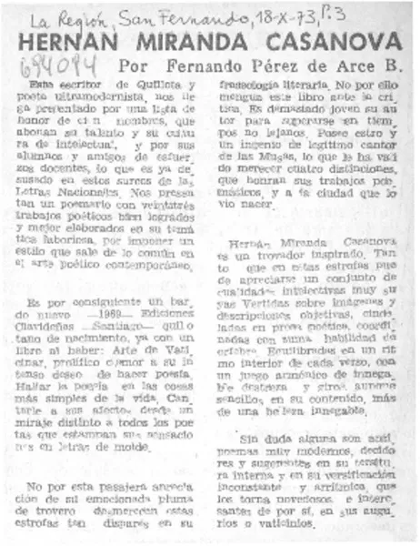 Hernán Miranda Casanova  [artículo] Fernando Pérez de Arce B.