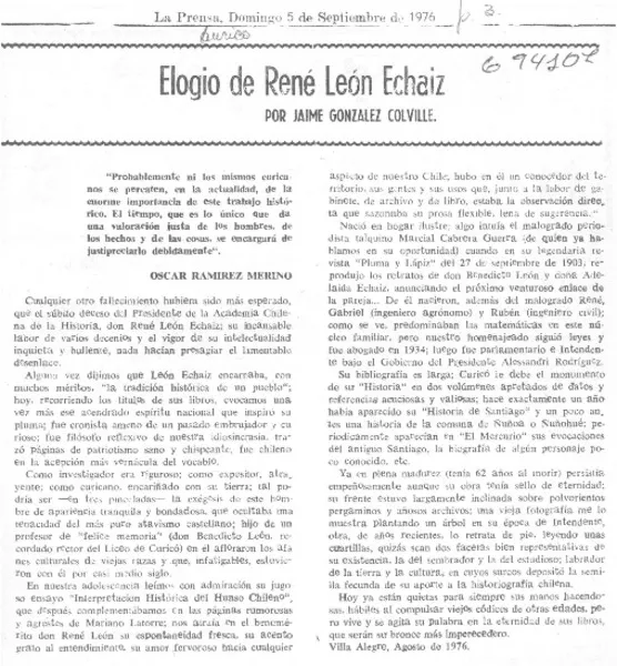 Elogio de René León Echaiz  [artículo] Jaime González Colville.