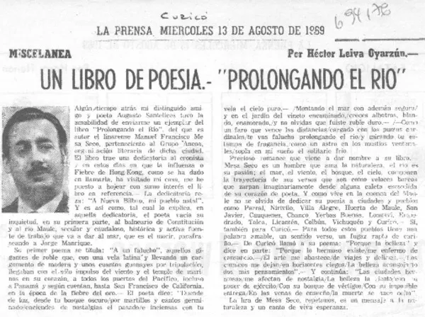 Un libro de poesía: "Prolongando el río"  [artículo] Héctor Leiva Oyarzún.