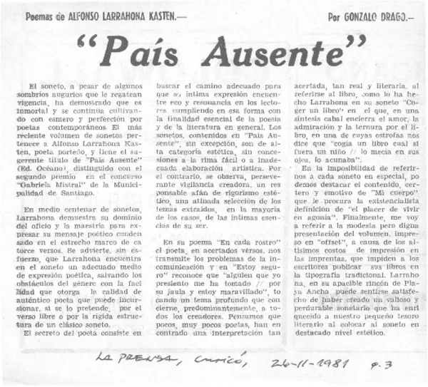 País ausente"  [artículo] Gonzalo Drago.