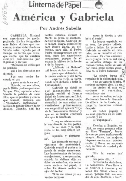 América y Gabriela  [artículo] Andrés Sabella.