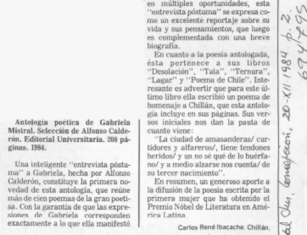 Antología de poética Gabriela Mistral  [artículo] Carlos René Ibacache.