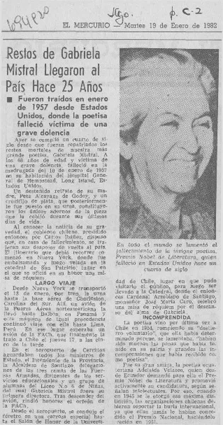 Restos de Gabriela Mistral llegaron al país hace 25 años.  [artículo]
