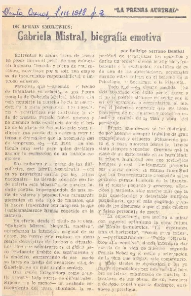 Gabriela Mistral, biografía emotiva  [artículo] Rodrigo Serrano Bombal.