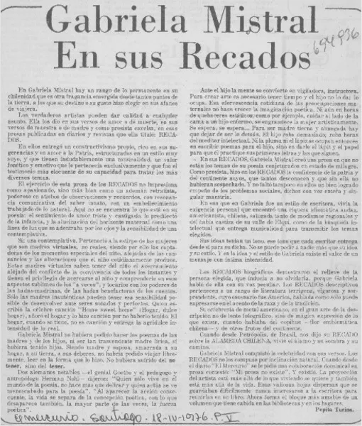 Gabriela Mistral en sus recados  [artículo] Pepita Turina.