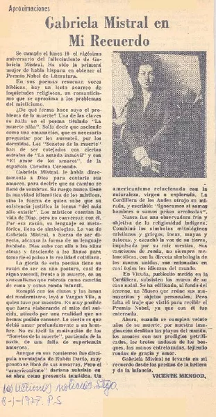 Gabriela Mistral en mi recuerdo  [artículo] Vicente Mengod.