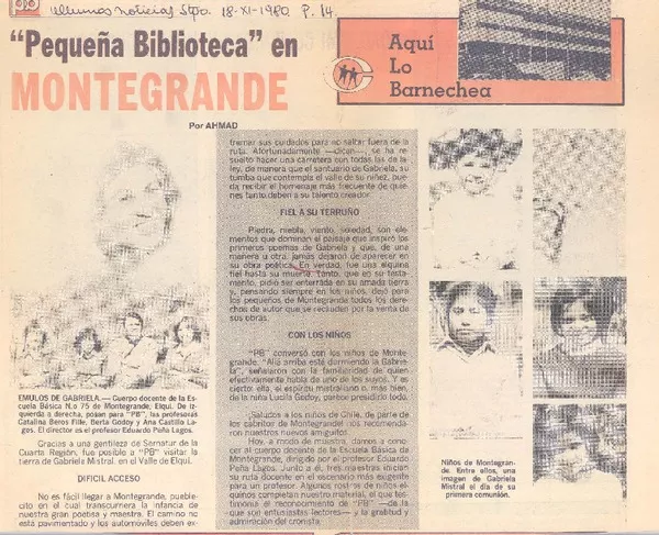 Pequeña biblioteca" en Montegrande  [artículo] Ahmad.