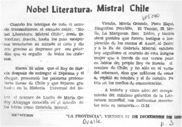 Nobel literatura, Mistral Chile.  [artículo]