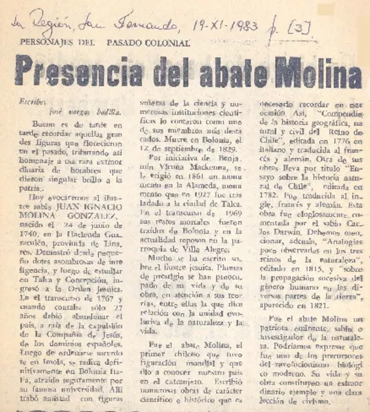 Presencia del Abate Molina|  [artículo] José Vargas Badilla.
